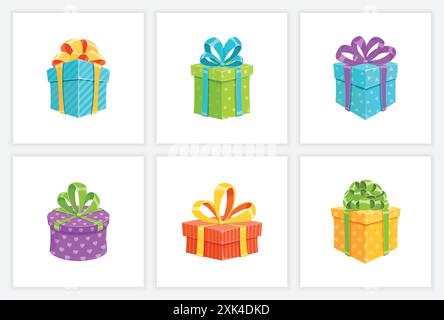 Boîte cadeau d'anniversaire ou illustration vectorielle isolée de collection de cadeaux surprise. Ensemble de boîtes-cadeaux de dessin animé avec papier d'emballage coloré et ruban mignon b Illustration de Vecteur