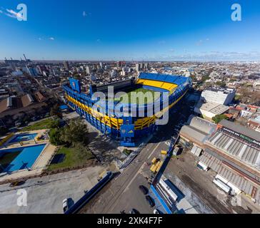 Tir de drone du stade la Bombonera, stade du Club Atletico Boca Juniors, quartier de la Boca à Buenos Aires. Banque D'Images