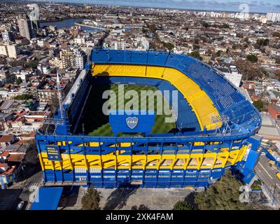 Tir de drone du stade la Bombonera, stade du Club Atletico Boca Juniors, quartier de la Boca à Buenos Aires. Banque D'Images