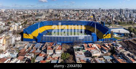 Tir de drone du stade la Bombonera, stade du Club Atletico Boca Juniors, quartier de la Boca à Buenos Aires. Banque D'Images