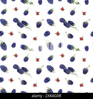 Mûres. Modèle sans couture de Bramble. Baies de forêt et de jardin volantes. Dewberry et Boysenberry. Framboises noires. Nourriture naturelle. Aquarelle Banque D'Images