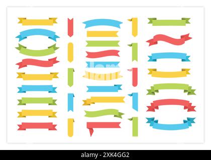 Illustration de collection vectorielle de bannière de modèle de ruban. Étiquettes de ruban bouclé de conception colorée vintage et drapeaux de défilement incurvés ou bannières autocollantes avec bla Illustration de Vecteur
