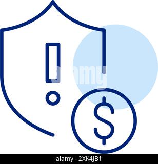 Bouclier, dollar et point d'exclamation. Notification des risques financiers, alerte de sécurité. Icône de contour pixel Perfect, modifiable Illustration de Vecteur