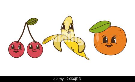 Fruits et baies dans un ensemble de style groovy. Personnages rétro tendance, mascotte comique. Banane cerise et mandarine. Affiche de bannière de conception. Y2K hippie 70s, 80s. Illustration vectorielle. Illustration de Vecteur