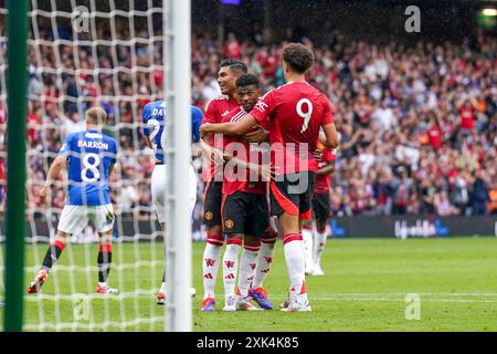 Édimbourg, Royaume-Uni. 20 juillet 2024. Le milieu de terrain de Manchester United Amad Diallo (16 ans) marque un BUT 0-1 et célèbre le match amical de pré-saison des Glasgow Rangers FC contre Manchester United FC au Scottish Gas Murrayfield Stadium, Édimbourg, Écosse, Royaume-Uni le 20 juillet 2024 crédit : Every second Media/Alamy Live News Banque D'Images