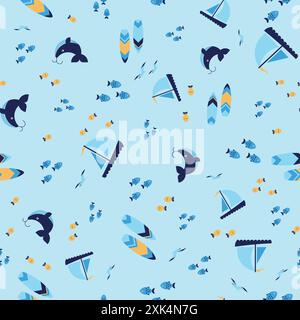 Motif océan avec voiliers, baleines et poissons est idéal pour un fond de vacances sur le thème Illustration de Vecteur