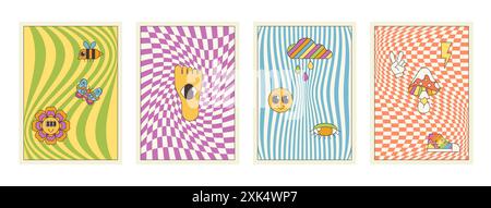 Ensemble de motifs psychédéliques de dessin animé groovy. Damier Trippy et texture de lignes de zèbre avec fleur d'emoji hippie, champignon magique et oeil, collection de fonds de 70s 80s illustration vectorielle de style Illustration de Vecteur