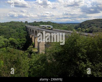 Viaduc ferroviaire au-dessus de la rivière Neisse à Görlitz traversant la frontière polonaise allemande. Banque D'Images