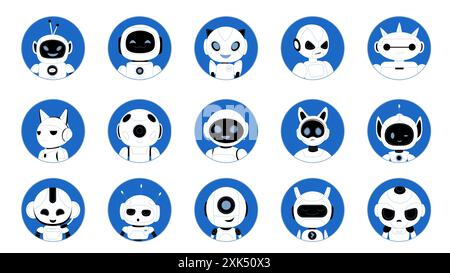 Ensemble d'avatars robots mignons. Différentes têtes de chat bot en cercle sur fond bleu, personnages d'androïdes souriants avec des antennes et des visages amicaux, illustration vectorielle de dessin animé de collection d'assistants intelligents Illustration de Vecteur