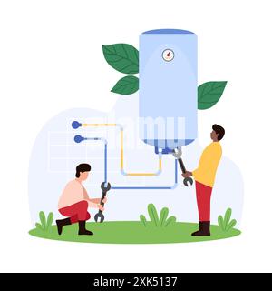 Installation de chaudière électrique à eau et de chauffage, réparation de l'équipement cassé du système de chauffage. Des gens minuscules vérifient le tuyau pour les fuites, les techniciens travaillent sur le réservoir thermique installant l'illustration vectorielle de dessin animé Illustration de Vecteur