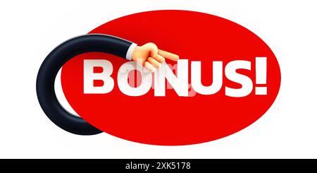 Signe bonus avec main pointée. Cashback ou concept de prix. Illustration vectorielle Illustration de Vecteur