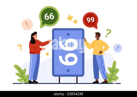 Différences dans l'interprétation des faits ambigus, différentes perspectives sur l'expérience et biais d'attention. Minuscule homme et femme se disputent pour savoir s'ils voient l'illustration vectorielle de dessin animé de 66 ou 99 numéros Illustration de Vecteur