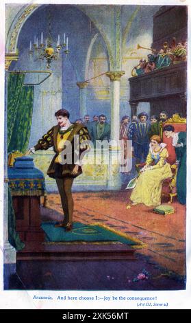 Bassanio dans une scène du marchand de Venise de Shakespeare. Bassanio, le meilleur ami d'Antonio, est un dépensier qui a gaspillé tout son argent pour être considéré comme un homme respectable. Pour retrouver sa fortune, il est déterminé à épouser Portia, une riche et intelligente héritière de Belmont. Banque D'Images