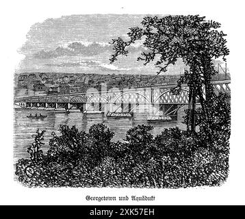 Le pont de l'aqueduc à Georgetown, Washington D.C. était une importante structure du XIXe siècle conçue pour transporter l'eau à travers le fleuve Potomac. Achevé en 1843, il reliait le canal Chesapeake et Ohio à Alexandria, en Virginie. Cette merveille d'ingénierie comportait une série d'arches en pierre et faisait partie intégrante des systèmes de transport et de gestion de l'eau de la région. Bien qu'il ne soit plus aujourd'hui, le pont de l'aqueduc a joué un rôle crucial dans le développement économique et industriel de Georgetown et des environs, symbolisant l'ingéniosité et l'ambition de l'époque Banque D'Images