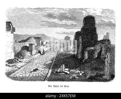 La via Appia, ou voie Appienne, est l'une des plus célèbres et anciennes voies romaines, qui s'étend de Rome à Brindisi. Construite en 312 av. J.-C. par Appius Claudius Caecus, cette grande route était vitale à des fins militaires et économiques, facilitant le mouvement des troupes et des marchandises commerciales. Bordée de tombes, de monuments et de ruines antiques, la via Appia offre un aperçu vivant de l'histoire et de l'ingénierie romaines. Son pavage durable en basalte et son alignement rectiligne illustrent les techniques de construction avancées des Romains et leur engagement en matière de connectivité et d'infrastructure Banque D'Images