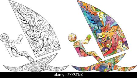 Dessin artistique peint à la main. Icône d'illustration dessinée à la main VOILE pour la coloration, pour t-shirt et autre décoration. Ensemble de couleurs et contours Illustration de Vecteur