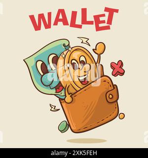concept de portefeuille. shine pièce mascotte avec visage et papermoney sort du concept de portefeuille.vintage style argent mascotte dessin animé illustration vectorielle de personnage Illustration de Vecteur