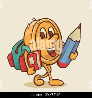 concept d'éducation financière. shine pièce mascotte avec le visage allant à educatuion isntitute concept.vintage style argent mascotte vecteur de personnage de dessin animé ill Illustration de Vecteur