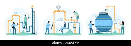 Inspection de station-service, kit d'ingénierie. De minuscules personnes contrôlent le débit de gaz et le stockage avec le tableau et les paramètres, les ingénieurs vérifient la sécurité du conteneur, du tuyau et de la vanne pour les fuites illustration vectorielle de dessin animé Illustration de Vecteur