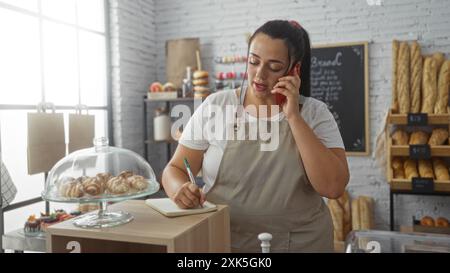 Jeune femme prenant des notes sur le bloc-notes tout en parlant au téléphone dans la salle de boulangerie avec des pâtisseries et du pain Banque D'Images