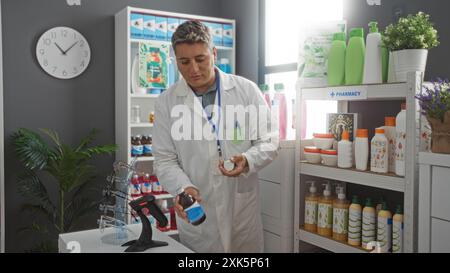 Homme dans une blouse de laboratoire blanche examine une bouteille de produit tout en se tenant debout dans un intérieur de pharmacie bien organisé avec diverses étagères de santé et de bien-être ite Banque D'Images