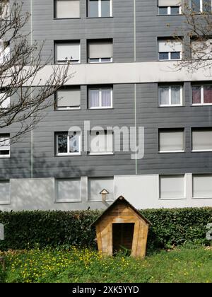 Une petite maison de théâtre en bois se trouve dans une parcelle d'herbe et de fleurs sauvages en face d'un immeuble d'appartements moderne. La maison de théâtre a un toit incliné et un chant Banque D'Images