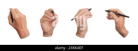 Stylo tenant la main, stylet pour l'écriture manuscrite, dessin, ensemble isolé sur fond blanc.. Banque D'Images