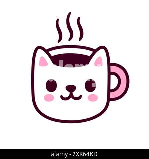 Tasse à café ou tasse à thé en forme de chat simple. Dessin d'icône de boisson chaude du matin de dessin animé mignon. Illustration vectorielle dessinée à la main. Illustration de Vecteur