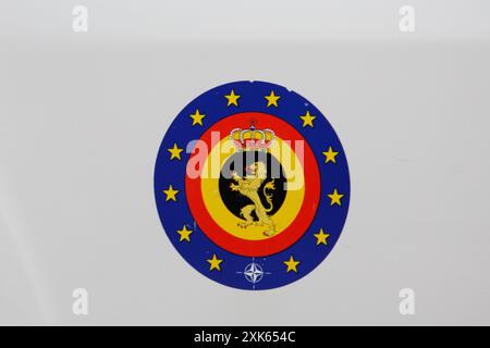 Bruxelles, Belgique. 21 juillet 2024. Le logo de l'armée belge photographié lors du défilé militaire et civil de la fête nationale belge, à Bruxelles, le dimanche 21 juillet 2024. Ce défilé rend hommage aux services de sécurité et d'urgence de notre pays, tels que l'armée, la police, les pompiers ou la protection civile. BELGA PHOTO HATIM KAGHAT crédit : Belga News Agency/Alamy Live News Banque D'Images