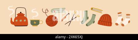 Ensemble confortable et simple. Ensemble d'automne d'éléments de conception mignons et confortables dessinés à la main. Automne, jour de Thanksgiving, saison d'automne. Illustration de Vecteur