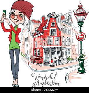 Fille prenant selfie devant les maisons traditionnelles d'Amsterdam avec lampadaire, Amsterdam, pays-Bas Illustration de Vecteur