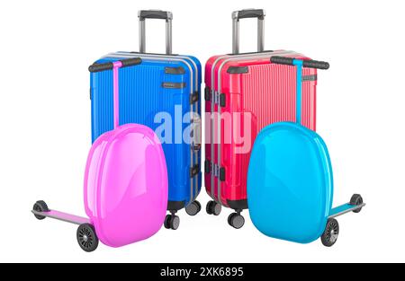 Valises de voyage familiales, concept. Les bagages et les roues Spinner et les bagages portent sur les valises de scooter. Rendu 3D isolé sur fond noir blanc Banque D'Images