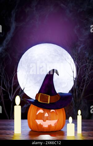 Jack-o'-lanterne avec un chapeau de sorcière et des bougies devant une pleine lune. rendu 3d. Banque D'Images