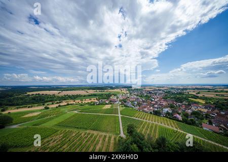 Un village entouré de vignes sous un ciel spectaculaire, avec de vastes champs et nuages, crée une belle scène Banque D'Images