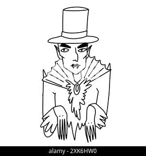 Personnage de vampire. Halloween Vampire dans la tenue festive dans le style de contour doodle. Illustration vectorielle Banque D'Images