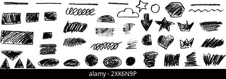 Noir souligné crayon à la main dessiné diverses ellipses, couronnes, nuage doodle et soleil, flèche, étoile, triangle et coeur. Crayon charbon de bois Vector grunge bouclé Illustration de Vecteur