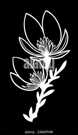 Dessin graphique blanc simple de fleur de magnoli sur fond noir, logo Banque D'Images