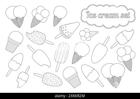 Un jeu de page de coloration de crème glacée amusant et détaillé avec divers cônes de crème glacée, popsicles, et friandises parfait pour les enfants et les adultes. Illustration de Vecteur