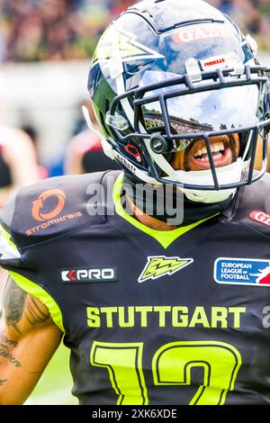 Stuttgart, Allemagne. 21 juillet 2024. ELF/ match : Panthers Wroclaw à Stuttgart Surge le 21. Juny. 2024 , dans le stade Gazi , Stuttgart, Allemagne, DB # 12 Raheem Wilson/Stuttgart Surge. Crédit : Frank Baumert/Alamy Live News Banque D'Images