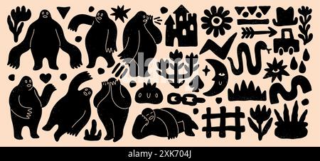 Les gens abstraits. Griffonner les formes. Fleurs dessinées à la main et corps humains. Ombres géométriques. Faces simples. Silhouettes noires. Moderne Chiffres plats. Croquis enfantin minimal. Ensemble d'éléments de gribouillage vectoriel Illustration de Vecteur