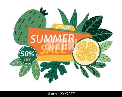 Soldes d'été. Agrumes exotiques tropicaux et feuilles de palmier. Conception de l'offre spéciale. Bannière de réduction. Étiquette ou badge. Publicité en magasin. Promotion commerciale. Illustration isolée de style plat de dessin animé vectoriel Illustration de Vecteur