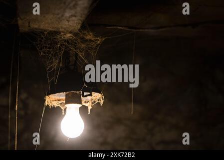 Lampe incandescente dans une grange sale avec de vieilles toiles Banque D'Images