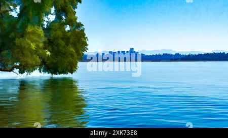 Une vue sur la skyline de Bellevue, Washington à travers le lac Washignton. Banque D'Images