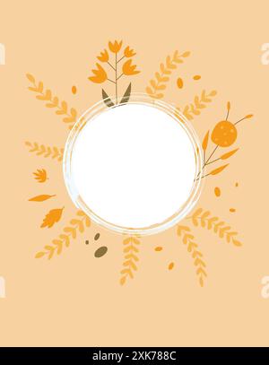Arrière-plans d'automne autour de la bordure et de l'espace de copie. Modèle de bannière abstraite de saison d'automne floral avec cadre circulaire. Carte avec décorati texturé et naïf Illustration de Vecteur