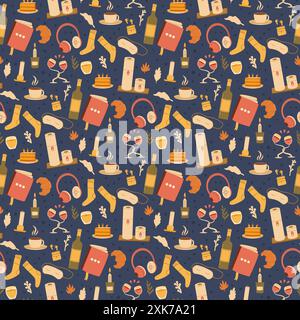 Motif sans couture Slowcation. Repos à la maison confortable et vacances arrière-plan sans fin. Arrière-plan de répétition de petits moments. Illustration vectorielle dessinée à la main. Illustration de Vecteur