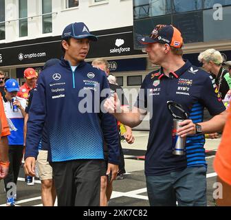 Mogyorod, Hongrie. 21 juillet 2024. Alexander Albon (THA) - Williams Racing - Williams FW46 - Mercedes et Max Verstappen (NED) - Oracle Red Bull Racing - Red Bull RB20 - Honda RBPT lors de Raceday le dimanche 21 juillet du Grand Prix de Hongrie de formule 1 2024, qui se déroulera sur le circuit Hungaroring de Mogyorod, Budapest, Hongrie, 19 juillet au 21 juillet 2024 crédit : Alessio de Marco/Alamy Live News Banque D'Images