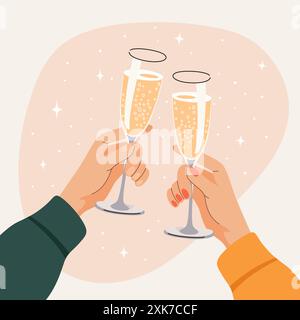 Deux mains humaines - un homme et une femme - Clink verres de vin mousseux. Deux personnes tenant des verres à vin. Personnages célébrant les fêtes. Fête Illustration de Vecteur