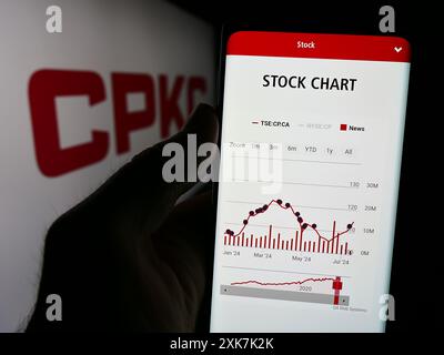 Personne tenant un téléphone cellulaire avec la page Web de la compagnie de chemin de fer canadien Pacifique Kansas City Limited (CPKC) avec le logo. Concentrez-vous sur le centre de l'écran du téléphone. Banque D'Images