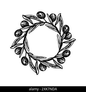 Couronne d'olives. Cadre rond avec feuilles et fruits. Illustration vectorielle dessinée à la main dans un style graphique. Pour étiquettes d'huile, cosmétiques, bannières, cartes, affiches Illustration de Vecteur