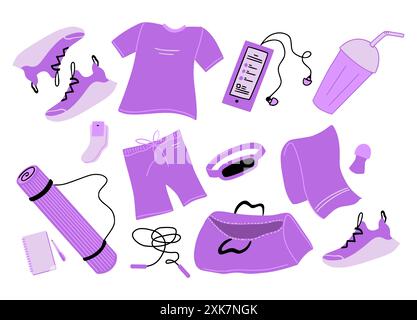 Set de fitness ou Gym Sportswear and Stuff, Sport Supply. Tapis de yoga, bouteille, chaussettes et baskets Vector Isolated Cute Objects Collection Illustration de Vecteur